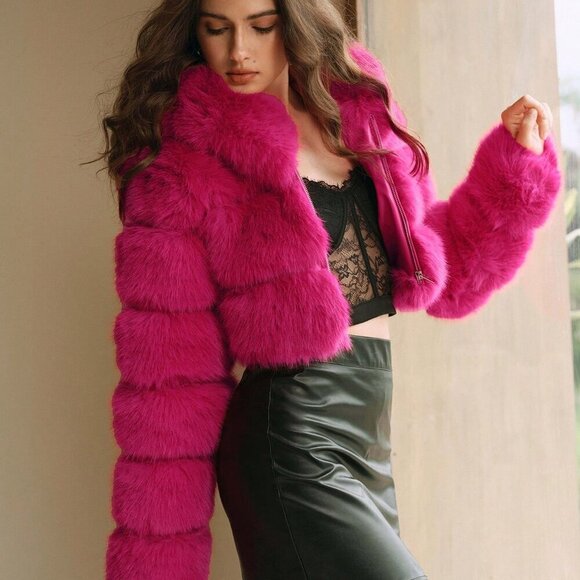 Hot Pink Casual Women's Elegant Faux Fur Trim Coat jacket outerwear - Picture 5 of 7